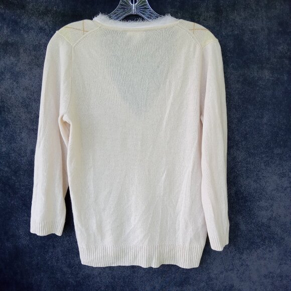 J CREW Sweater Womens 100% Cashmere Argyle Raw Edge Chiffon Trim Y2K Luxury Sz M - Picture 3 of 6